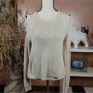 Cloud Chaser Size Small S Light Cream Knit Criss Cross Shoulders Sweater